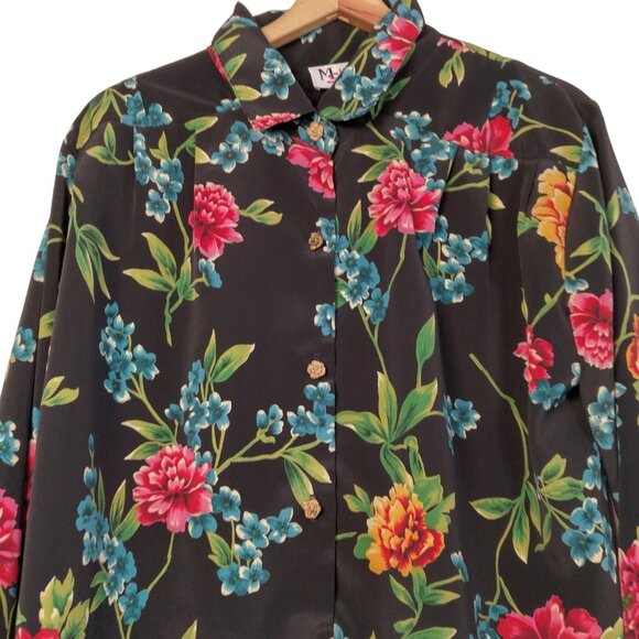 Maggie Sweet Tops - Vintage Maggie Sweet Blouse Plus Size 1X Black Floral Gold Flower Buttons